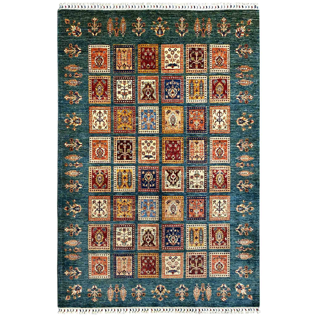 Blue-green rug with a central square patchwork design and border trim, multicolored, white fringed edge