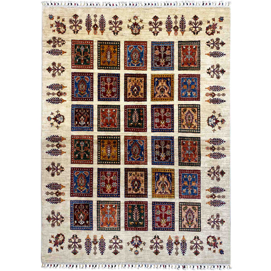 Rug with a cream-colored background and multicolored squares, fringes along the edge