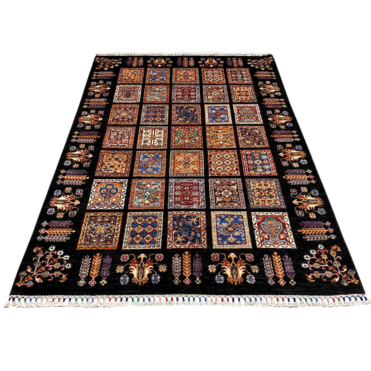 Wool rug with square patchwork designs in blue, red, and brown on a black background
