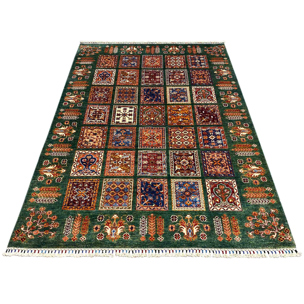 Hand-knotted Khorjin rug, green woven rug with colorful tile motifs