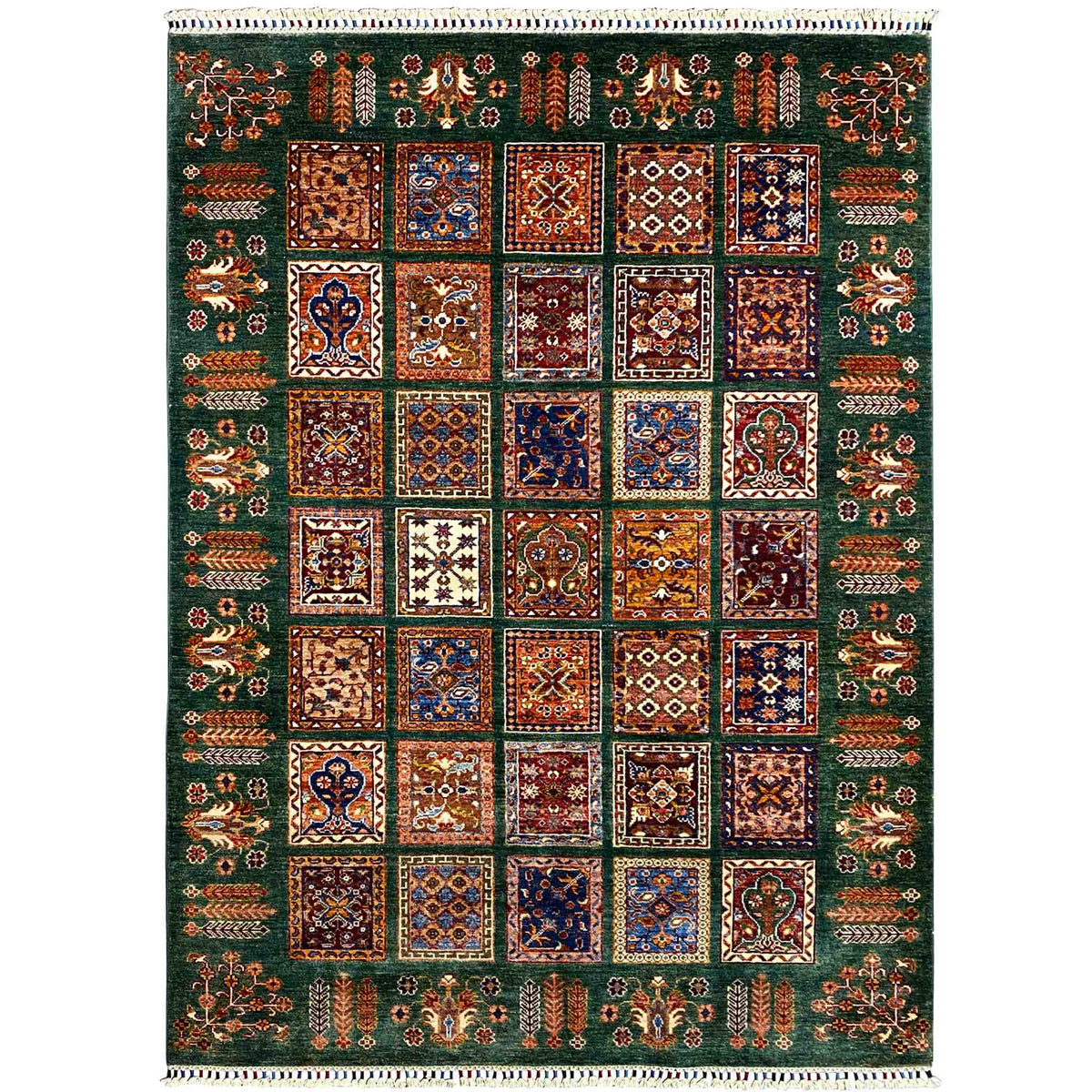 Hand-knotted Khorjin rug, green patchwork design with colorful ornaments