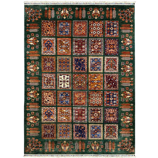 Hand-knotted Khorjin rug, green patchwork design with colorful ornaments