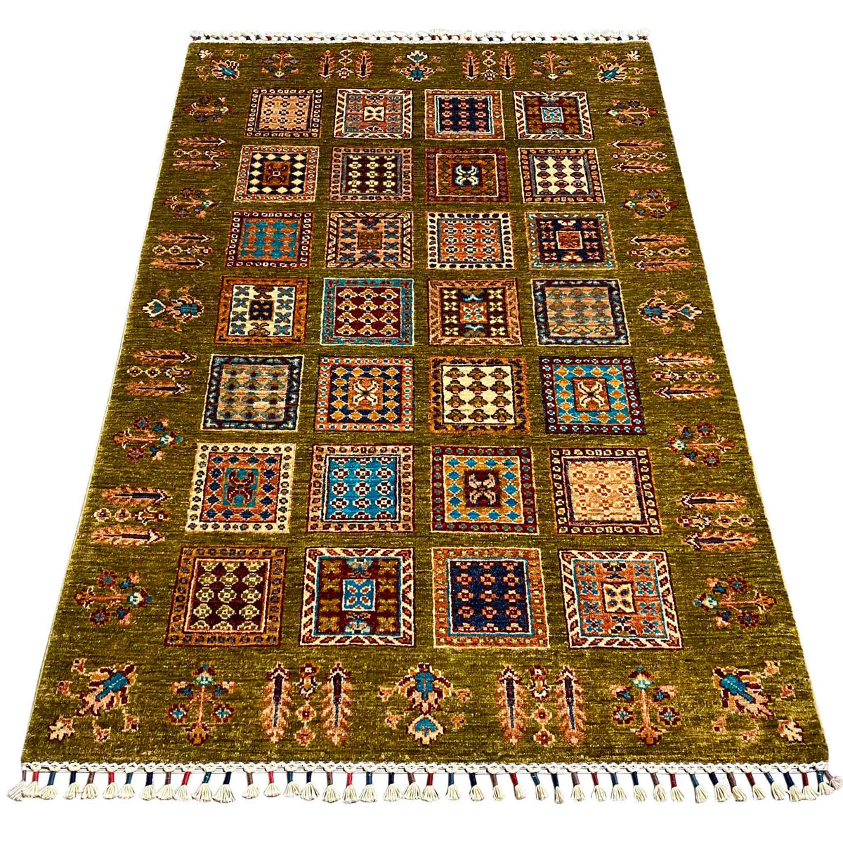 Afghan Khorjin rug, olive green, square ornamental pattern, surrounding fringed border
