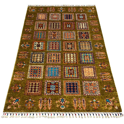 Afghan Khorjin rug, olive green, square ornamental pattern, surrounding fringed border
