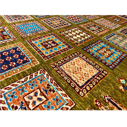 Khorjin rug in olive green with a detailed pattern of colorful squares