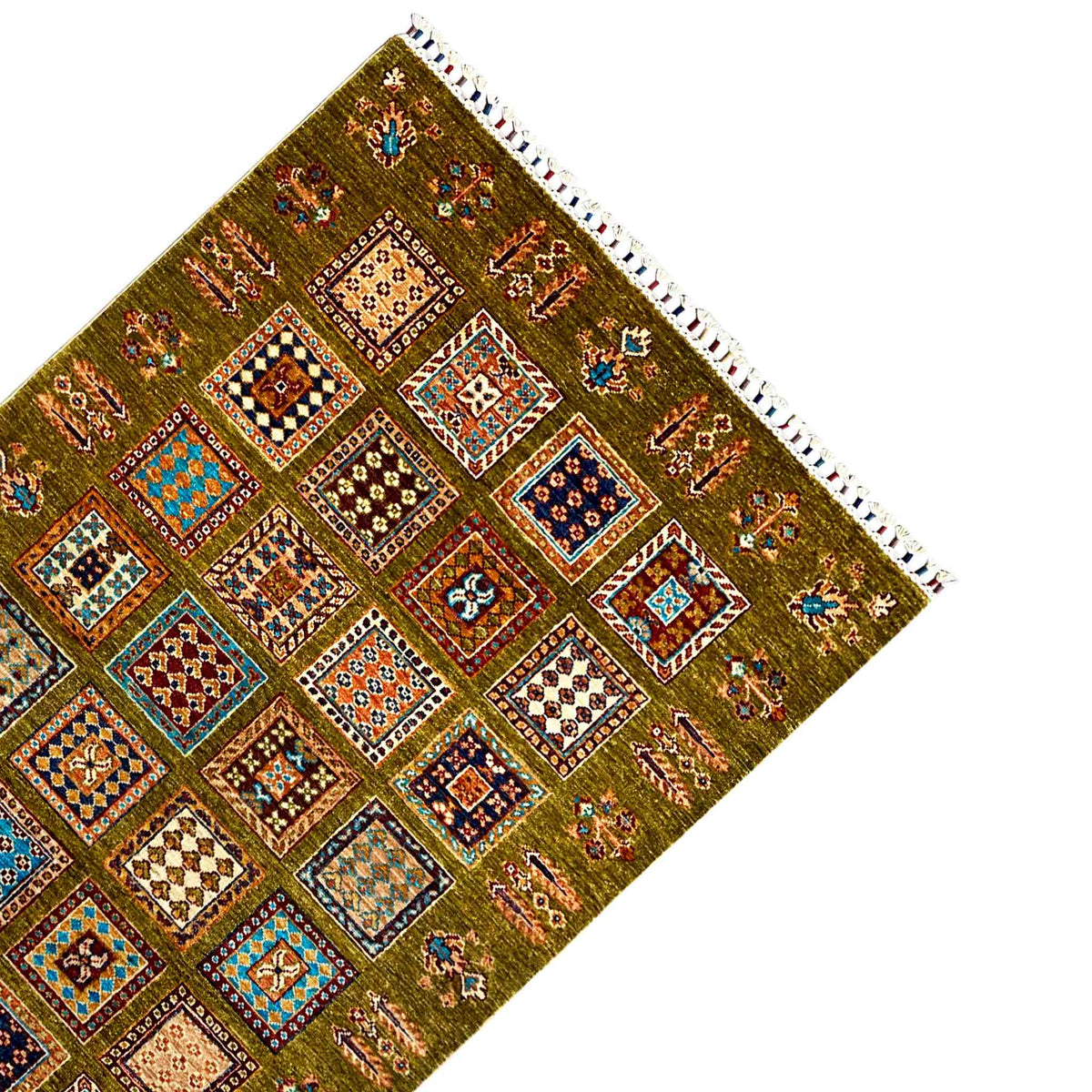 Khorjin rug in olive green with a corner, colorful ornamental panels, and a white fringed edge