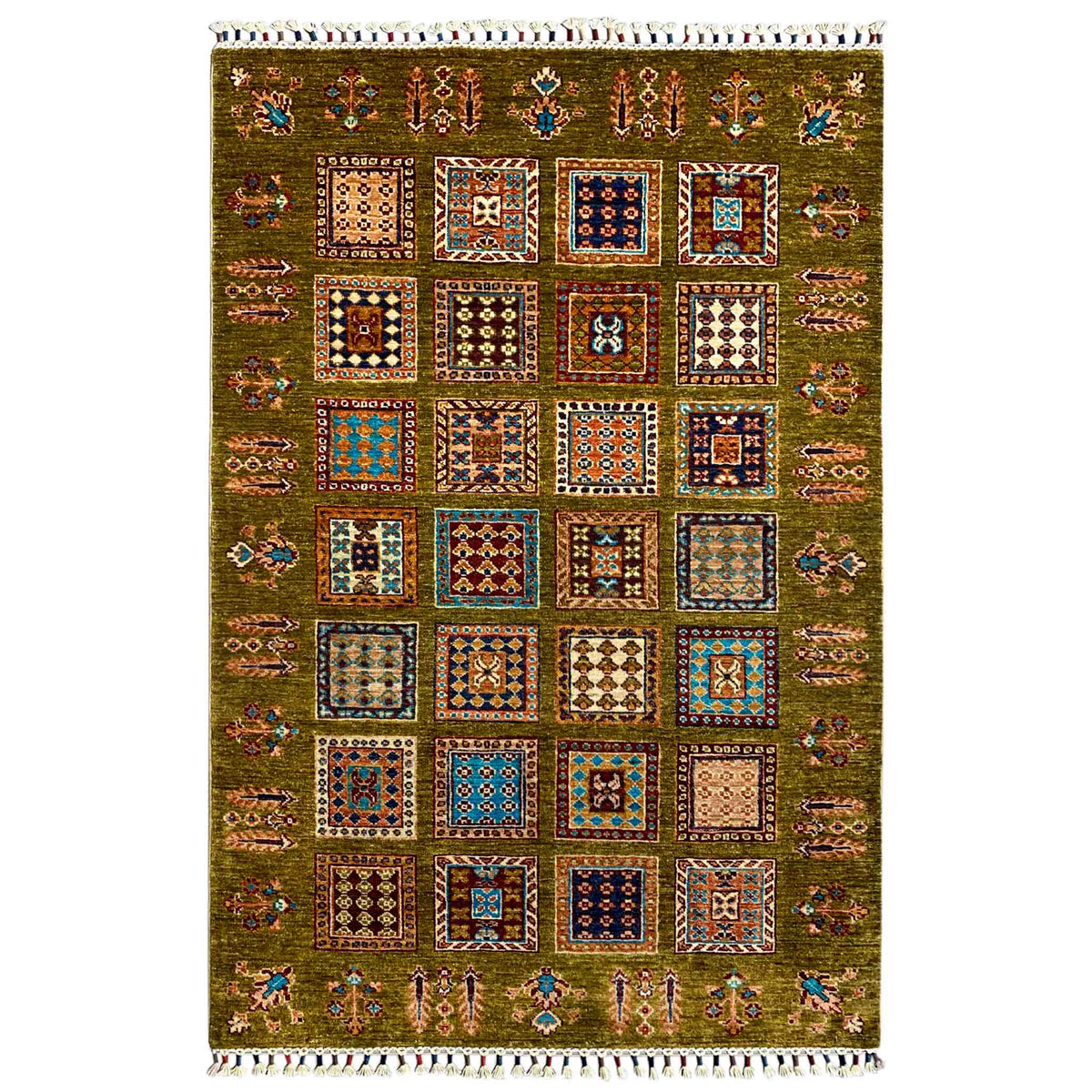Afghan Khorjin rug in olive green with square patterned sections and fringes