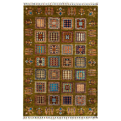 Afghan Khorjin rug in olive green with square patterned sections and fringes