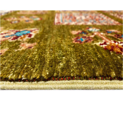 Olive-green wool rug with a dense pile and white fringes