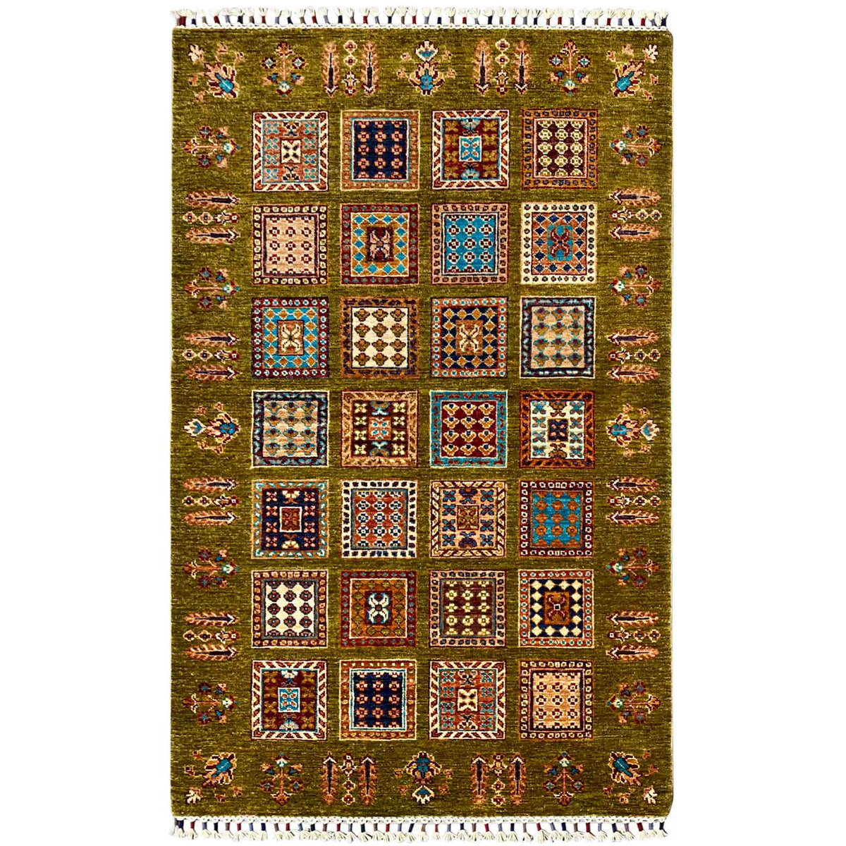 Olive-green wool rug with a colorful square pattern, white fringe, 165×105 cm