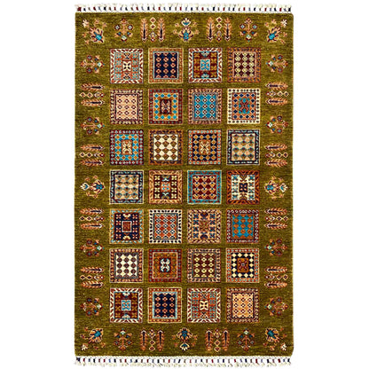 Olive-green wool rug with a colorful square pattern, white fringe, 165×105 cm