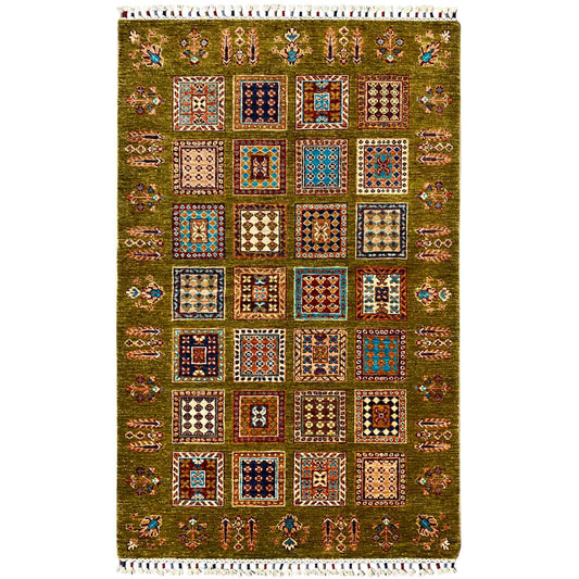 Olive-green wool rug with a colorful square pattern, white fringe, 165×105 cm