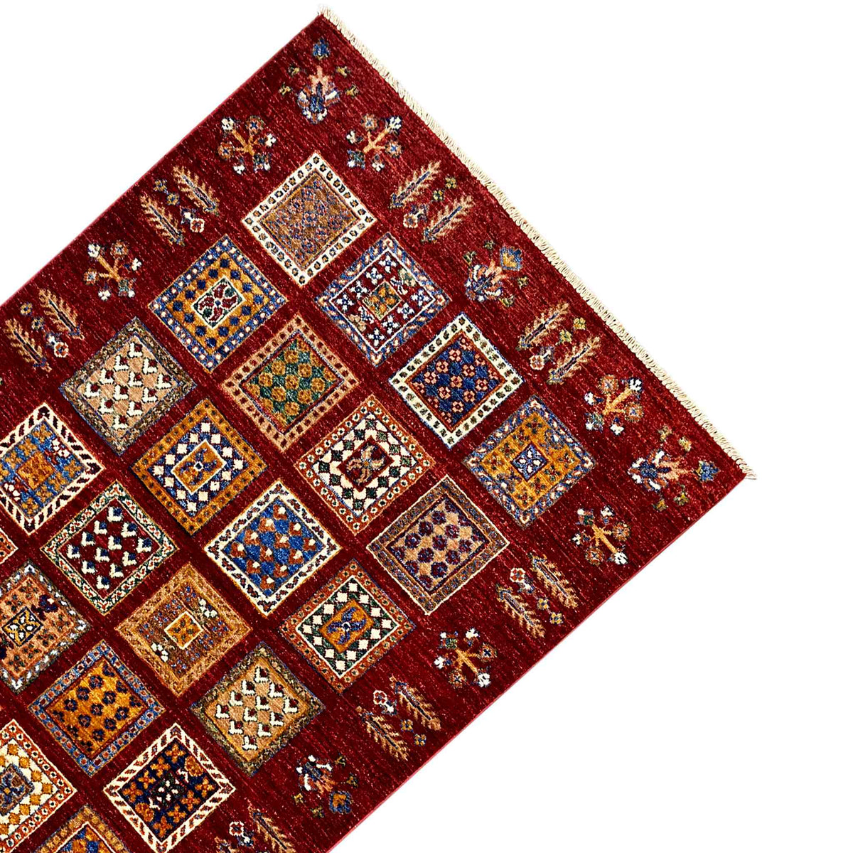 Afghan khorjin wool rug, deep red, front view with symmetrical squares and border.