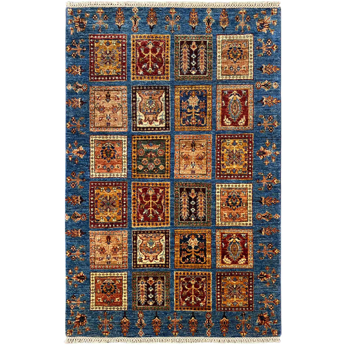 Blue Khorjin rug with a square patchwork pattern in brown, beige and red, 168x106 cm