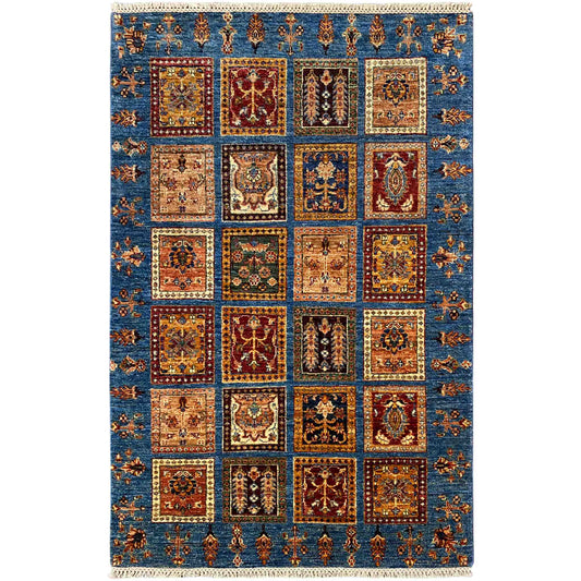 Blue Khorjin rug with a square patchwork pattern in brown, beige and red, 168x106 cm