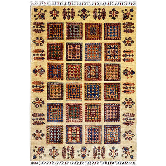 Beige Afghan Khorjin rug with square tiles and colorful ornaments, with fringes