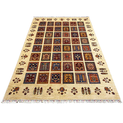 Beige rug with a large diamond and tile pattern, colorful border panels