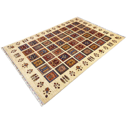 Beige rug with a square patchwork pattern and colorful border