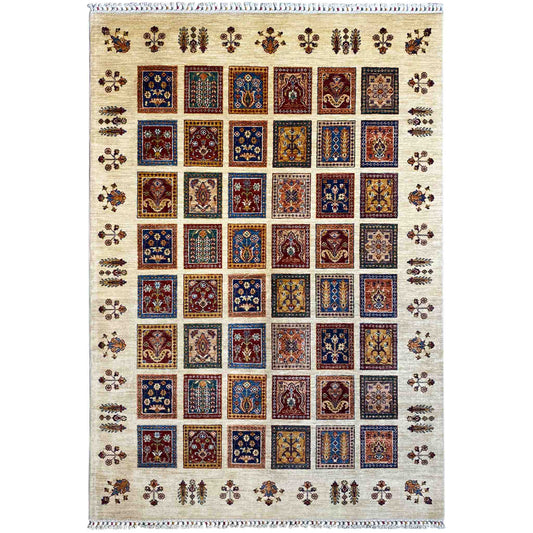 Beige Khorjin rug with a square tile pattern and colorful ornaments