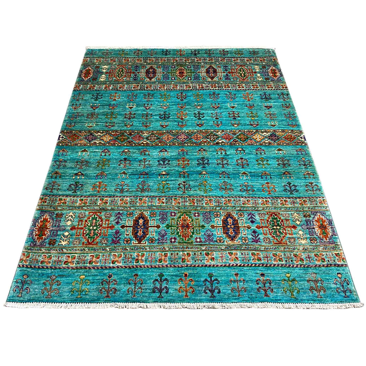 Rectangular rug in petrol blue with broad ornamental bands and colorful details