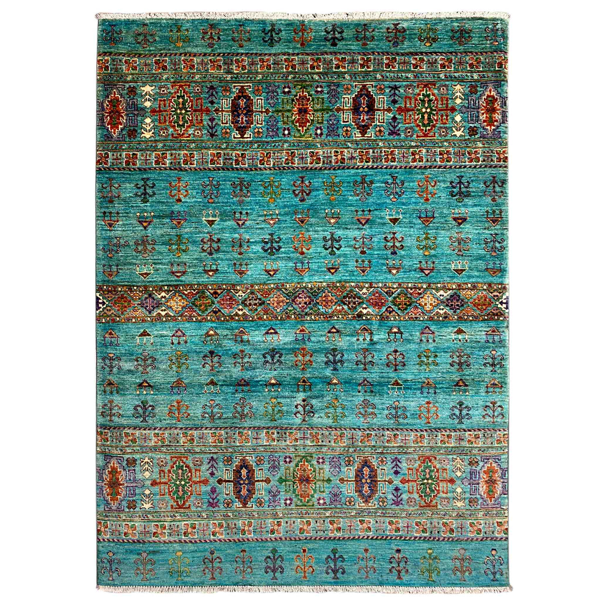 Petrol blue rug with decorative border and patterned motifs, rectangular