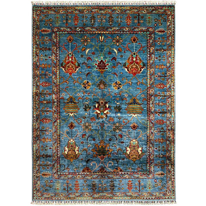 Blue Afghan Khorjin rug, rectangular, floral patterns with decorative border