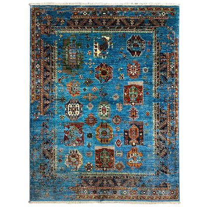 Blue Khorjin rug with colorful ornaments and a wide border, rectangular