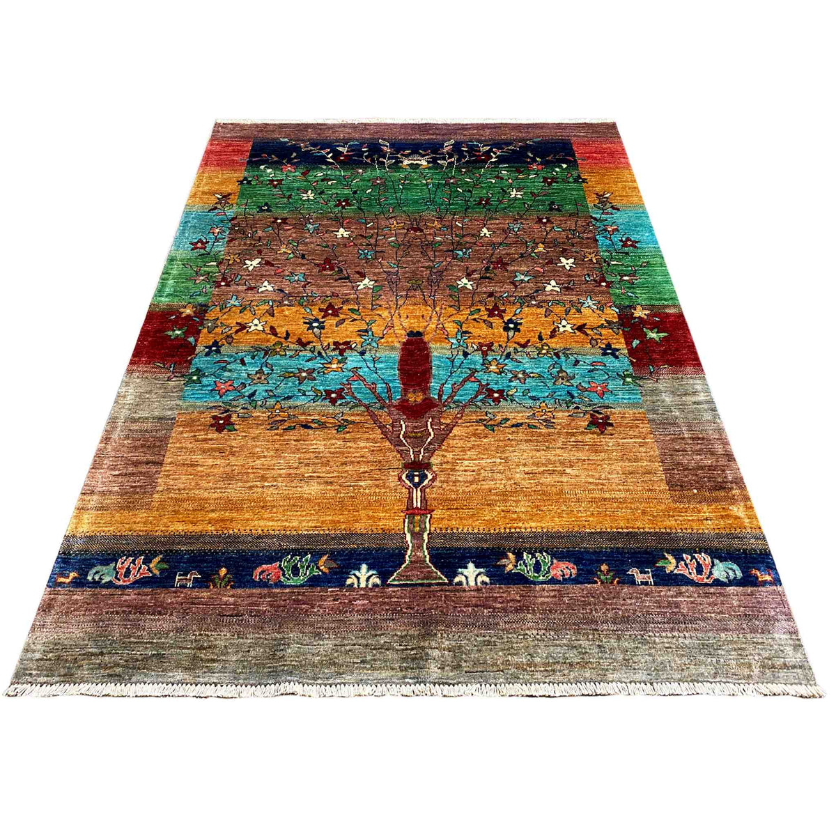 Multicolored Afghan khorjin rug, flat view, tree motif and border trim