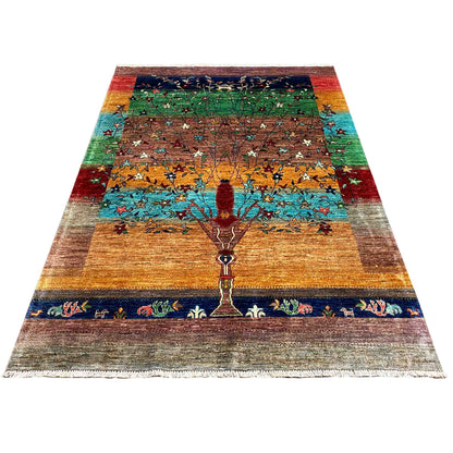 Multicolored Afghan khorjin rug, flat view, tree motif and border trim