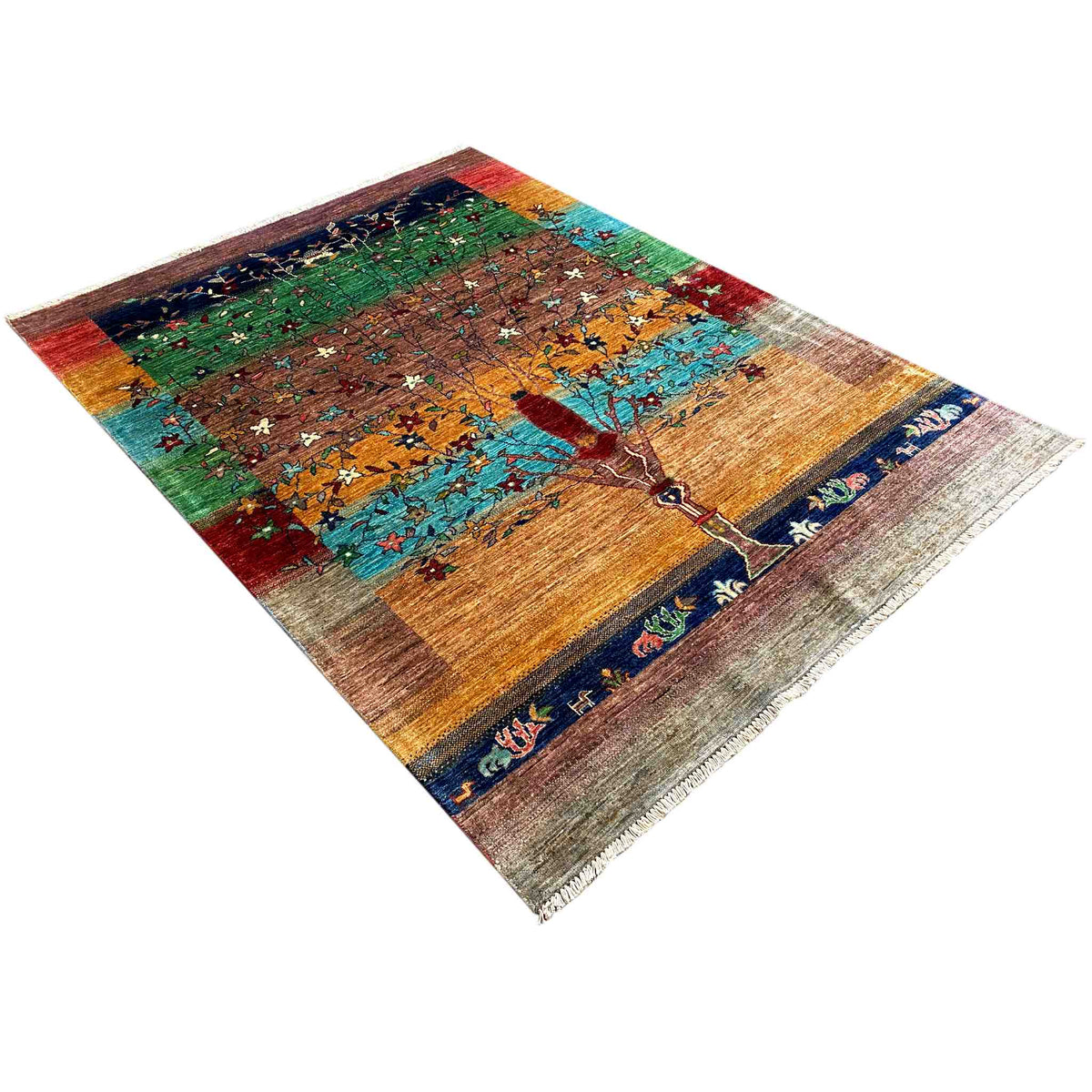 Multicolored Afghan Khorjin rug with a diamond pattern and central tree motif