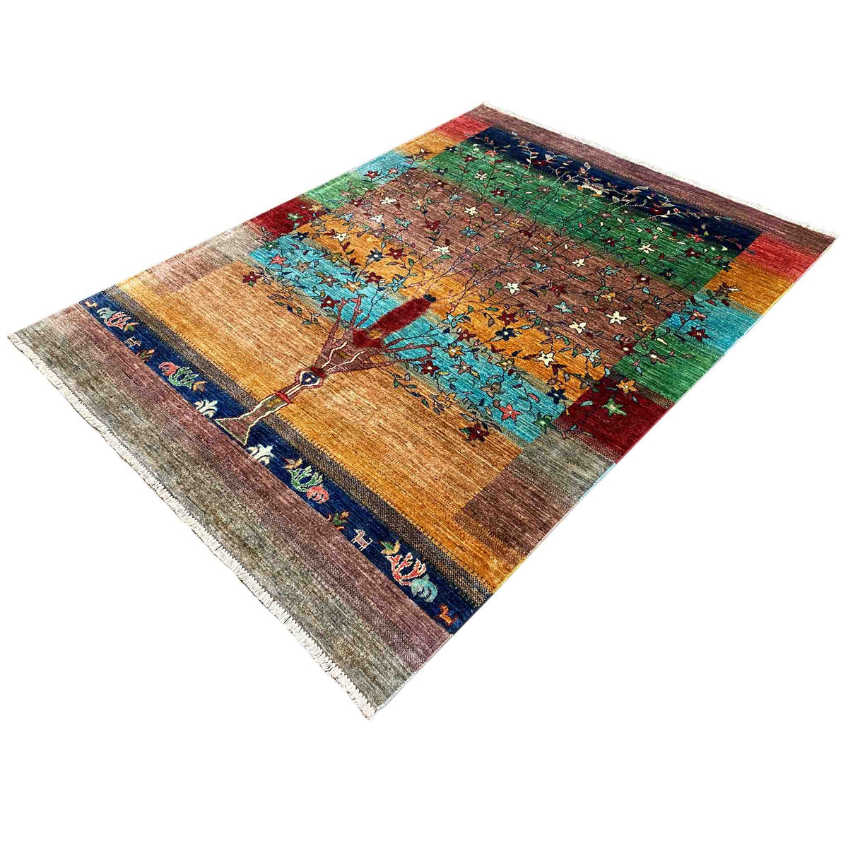 Multicolored Afghan khorjin rug in diagonal view, tree motif and rug border