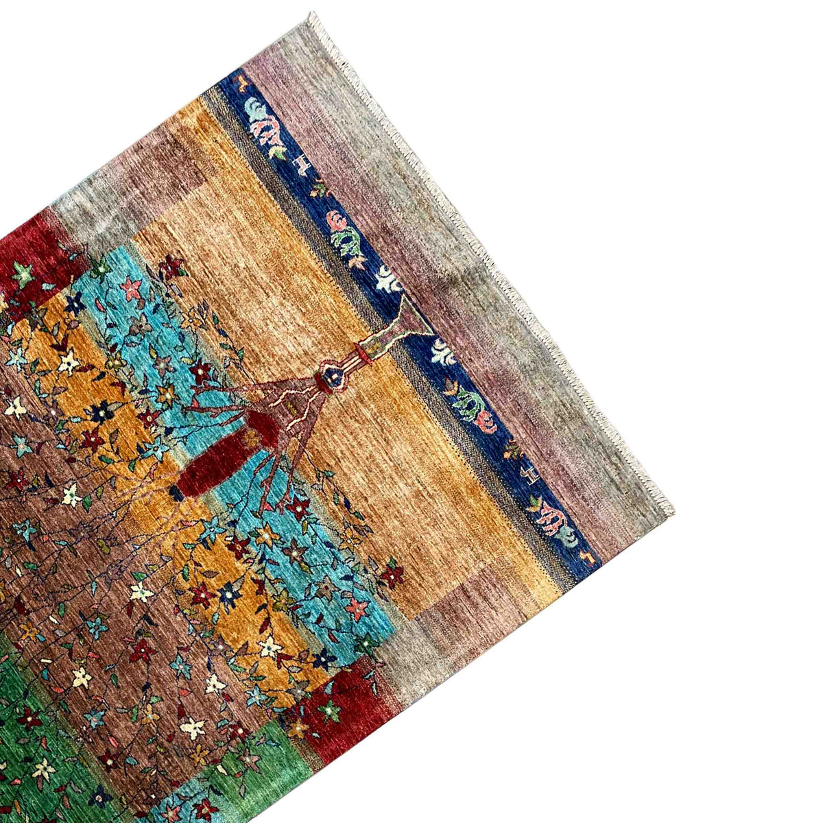 Corner of the multicolored Afghan Khorjin rug with a blue-red border and tree motif