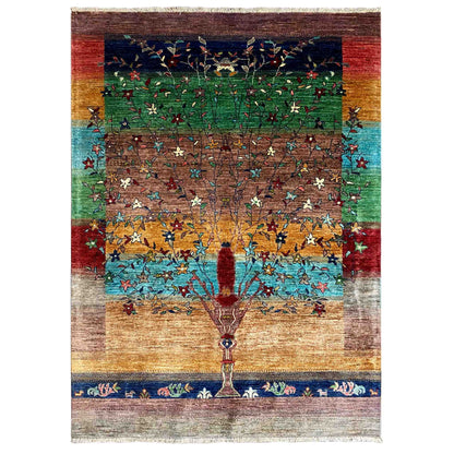 Multicolored Afghan Khorjin rug with a central tree motif and border