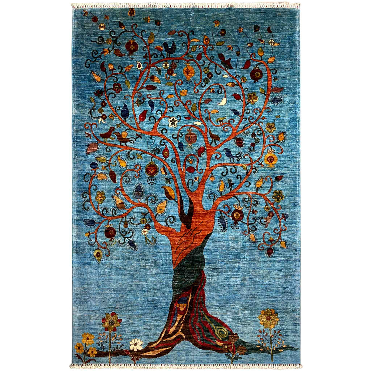Blue Afghan Khorjin rug with a tree and figure design, floral vines, and fringes