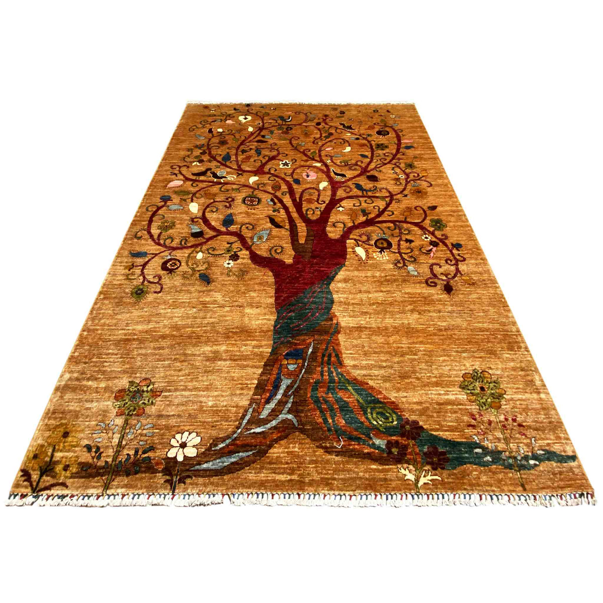 Afghan khorjin rug, rectangular, tree motif with multicolored details and border