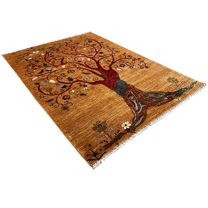 Afghan Khorjin rug in a diagonal pattern: tree motif in brown, blue, red, and green