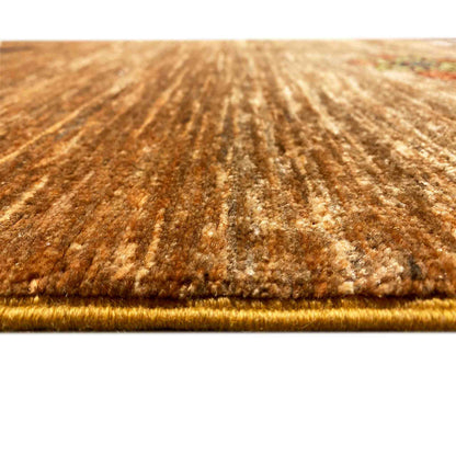 Close-up: Carpet pile in warm brown with subtle color gradients and a woven texture