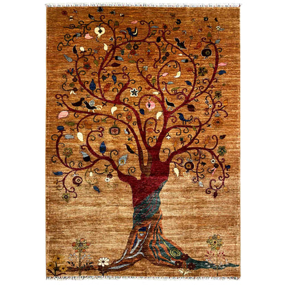 Afghan Khorjin rug with tree design in brown and colorful ornaments, rectangular