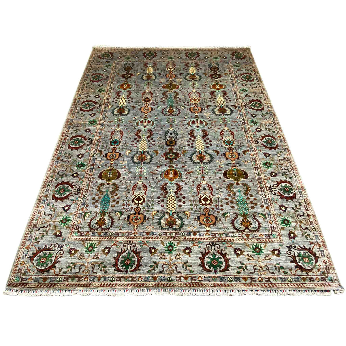Gray rug with an oriental ornamental pattern and decorative border medallions