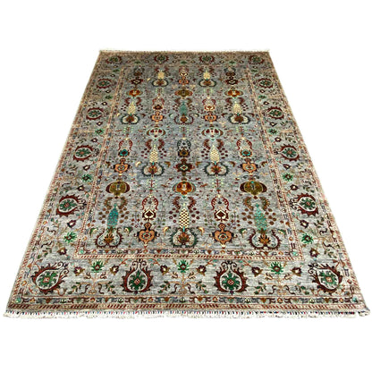 Gray rug with an oriental ornamental pattern and decorative border medallions