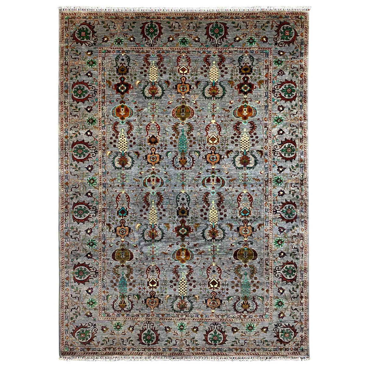 Gray heathered Afghan rug with an ornate pattern and wide border