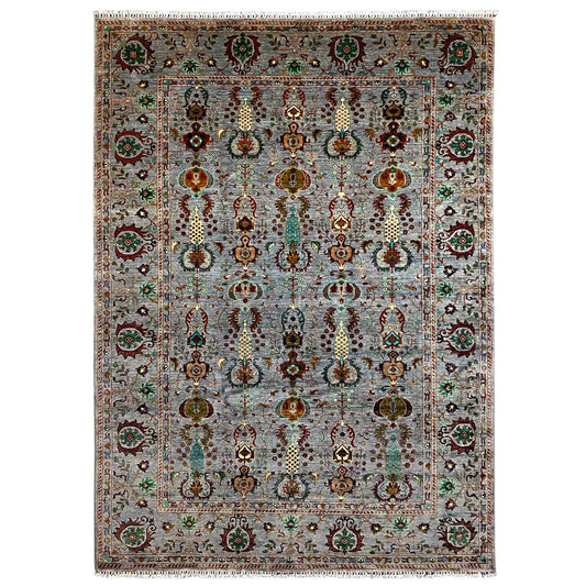 Gray heathered Afghan rug with an ornate pattern and wide border