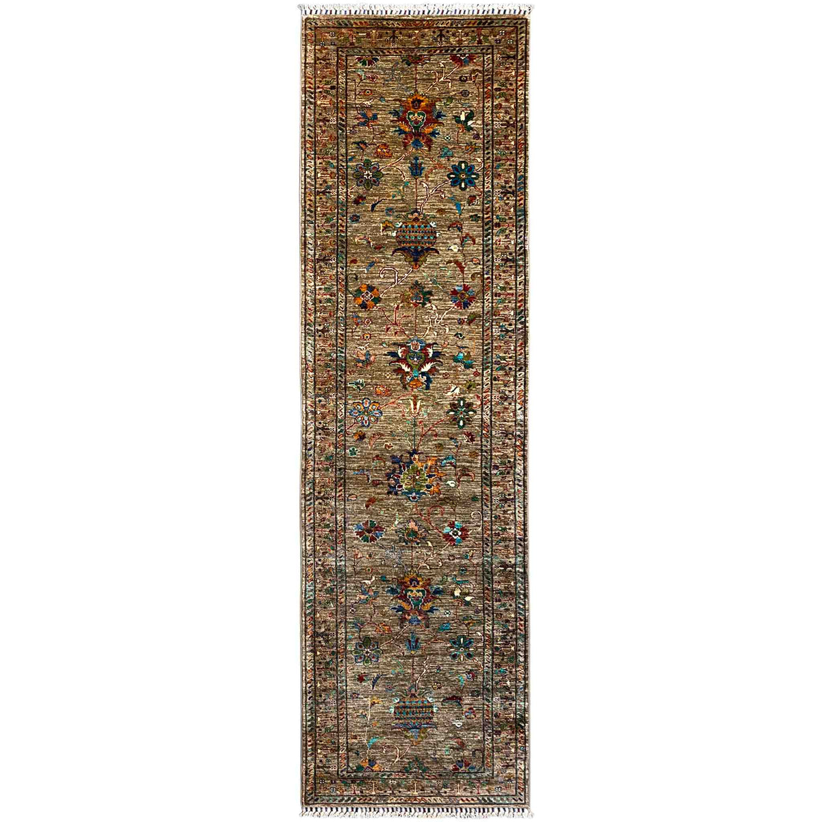 Runner rug with a brown background and colorful ornaments, rectangular, with fringe