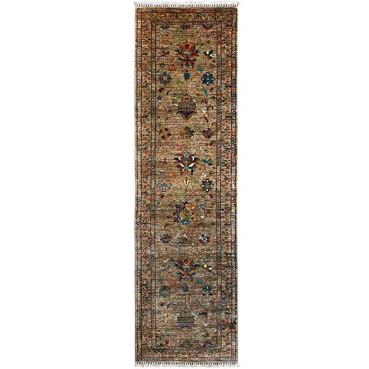 Runner rug with a brown background and colorful ornaments, rectangular, with fringe
