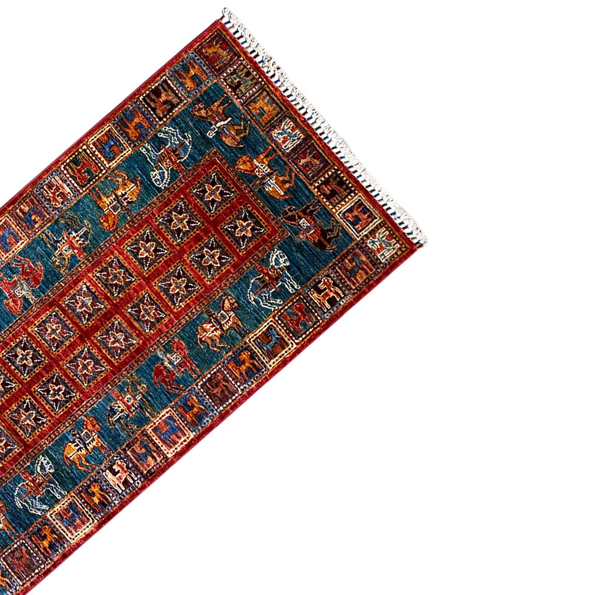 Rug corner with fringe, blue-red pattern with animal motifs in the border