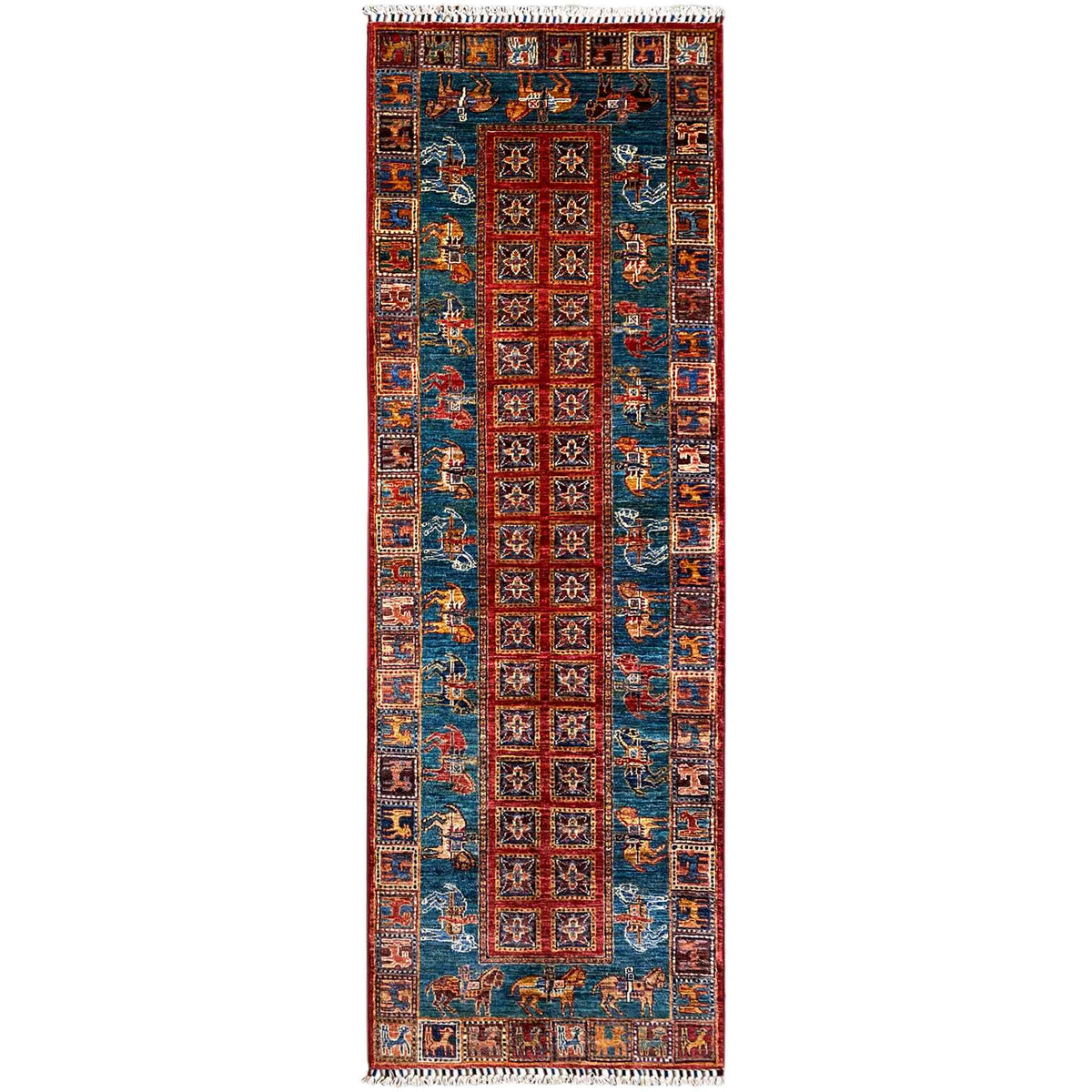 Afghan Khorjin runner rug, blue-red patchwork with animal motifs, rectangular