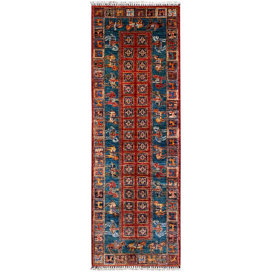 Afghan Khorjin runner rug, blue-red patchwork with animal motifs, rectangular