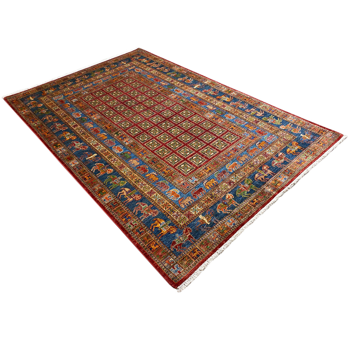 Hand-knotted Khorjin rug, three-quarter view: tile pattern in blue, red and green