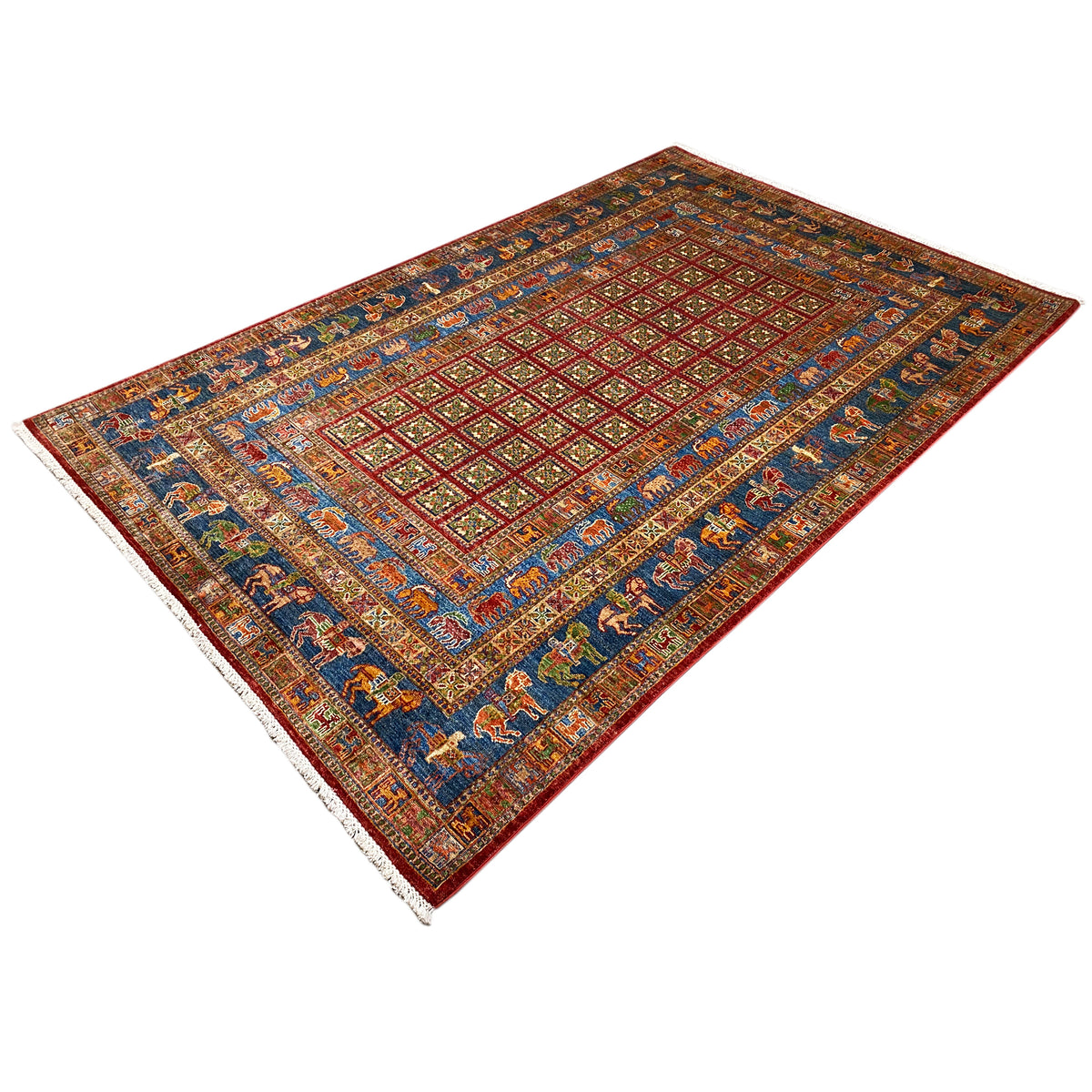 Hand-knotted Khorjin rug, angled: geometric lattice pattern with animal motifs