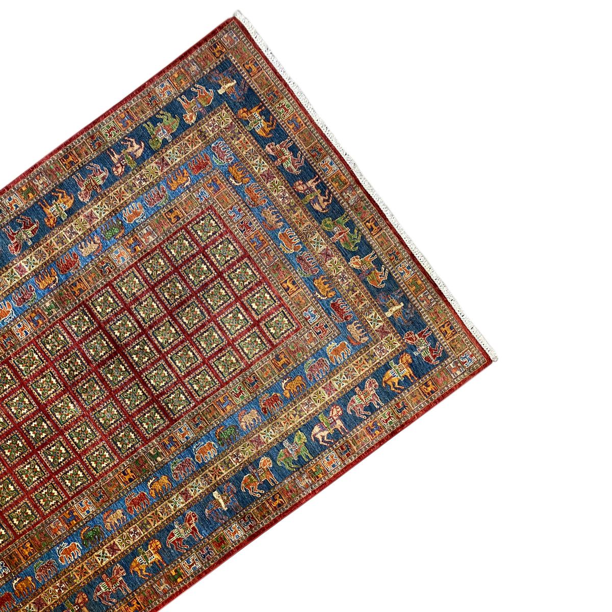 Hand-knotted Khorjin rug: corner view with diamond, checkered, and animal frieze patterns